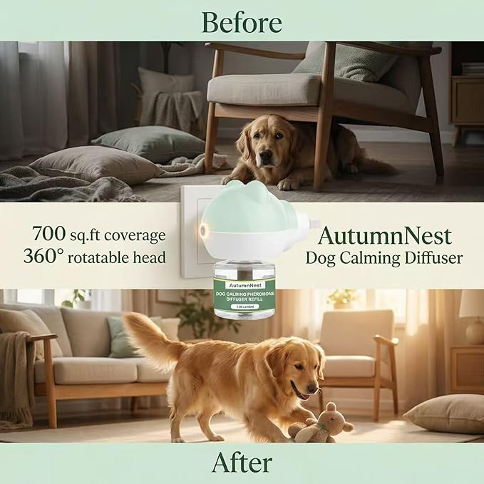 Dog Calming Diffuser Plug-in with Gentle Night Glow, 3 Refills Kit for Behavioral Support, Stress Soothing Aid for Pets During Travel, Thunder, Vet Visits, Fireworks, Safe Formula, 90 Days Supply