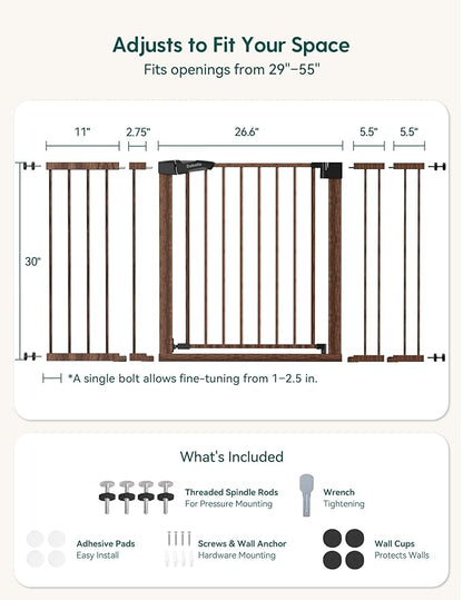 Babelio Metal Auto Close Baby Gate PressGuard P7,Extra Wide Pet Gate for The House and Doorways, Pressure Mounted Walk Thru Child Gate with Door (Black Wood Pattern, 30" Tall 29"-55" Wide)