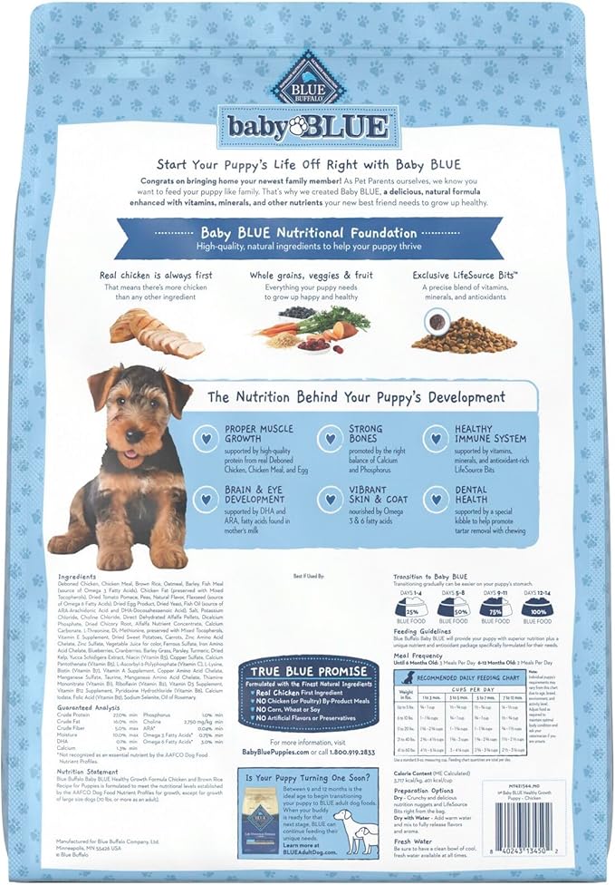 Blue Buffalo Baby Blue Natural Dry Food for Puppies, Healthy Growth Formula with DHA, Savory Chicken Recipe, 11-lb Bag