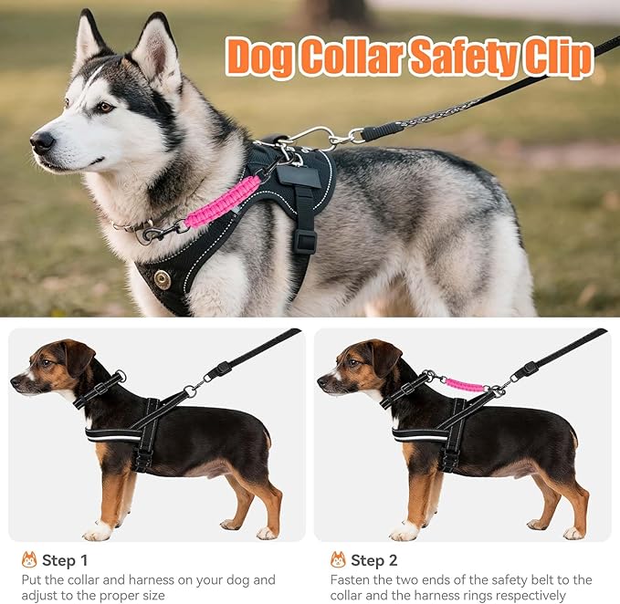 Dog Collar Safety Clip, Collar Companion, Handmade Backup Safety Strap, Double-Ended Clip Leash Connector, Suitable for Dog Harnesses, Prong, Pinch Collars (Pink, 1 Pack)