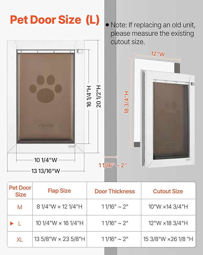 VEVOR Pet Door, Large, with Double Magnetic Flaps and Metal Frame, Strong and Weatherproof Dog Door for Interior and Exterior Doors, Easy to Install, Easy in-and-Out Access for Doggies, White