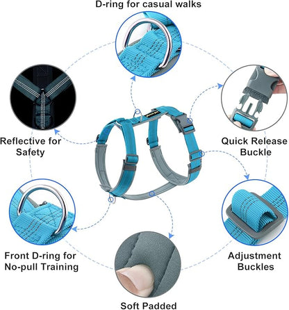 Plutus Pet No Pull Dog Harness, Adjustable Nylon Harness with Soft Padding, Reflective and Heavy Duty Dog Harness for Small, Medium, Large Dogs(Cyan, L)