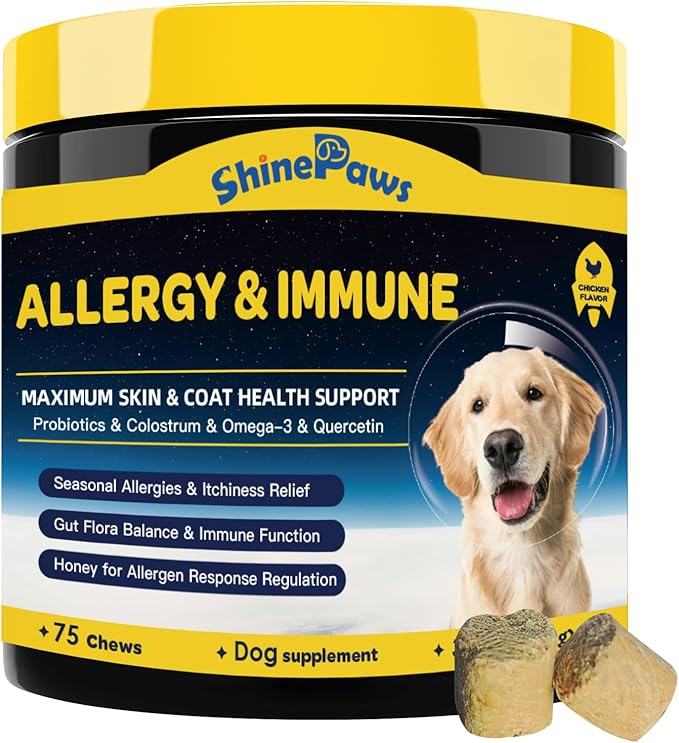 Dog Allergy Relief, Itch Relief for Dogs, Colostrum, Probiotics for Dogs Support Immunity, Omega3, Honey for Dry & Itchy Skin Relief, Seasonal Allergy, Pawlicking, Hot Spot Treatment, 75 Immune Bites