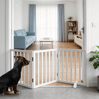 ZJSF Freestanding Indoor Dog Gate for House Foldable Wood White Puppy Gate for Doorways Pet Gate for Stairs Extra Wide Pet Fence 24" Height 3 Panels