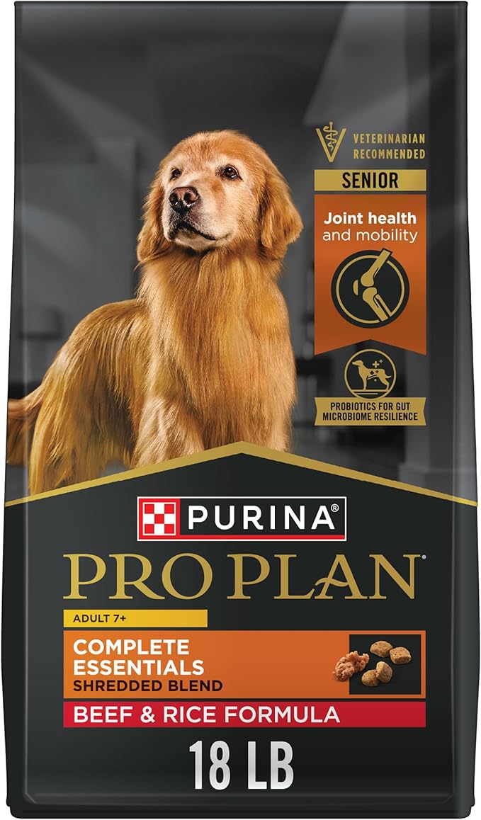 Purina Pro Plan Senior Dog Food, 7 Plus Shredded Blend Beef and Rice Formula Dry Dog Food, 18 lb. Bag