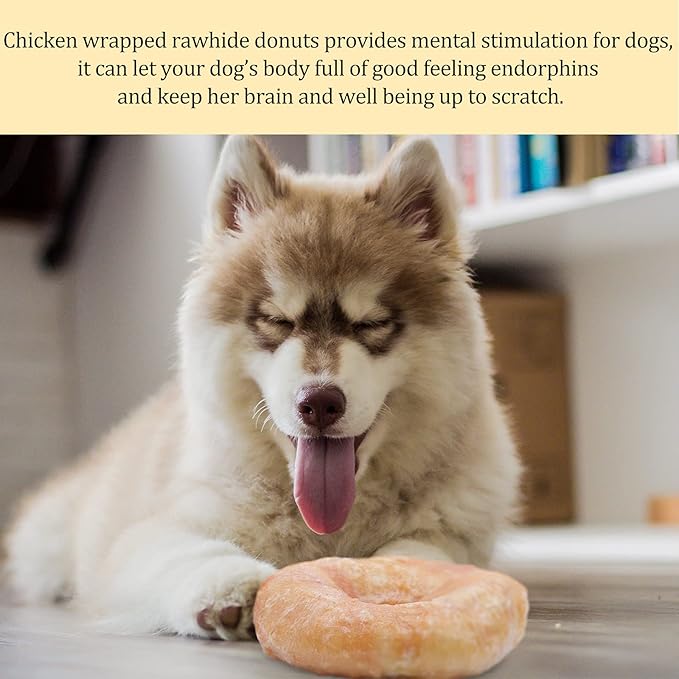 Pawmate Dog Treats Large Breed, Chicken Wrapped Rawhide Donut Rings, Rawhide Dog Chews Long Lasting, Grain Free Training Snacks with Taurine for Medium Large Dogs, 4 Counts