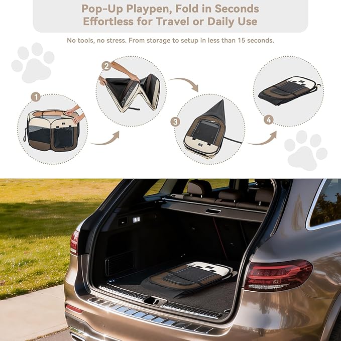 Dog Playpen for Small Dogs & Puppies, 40.55" Portable Indoor Outdoor Puppy Playpen with Bowl, Waterproof Floor, Foldable Pop-Up Pet Pen for Home, Travel & Daily Use, Brown+Beige