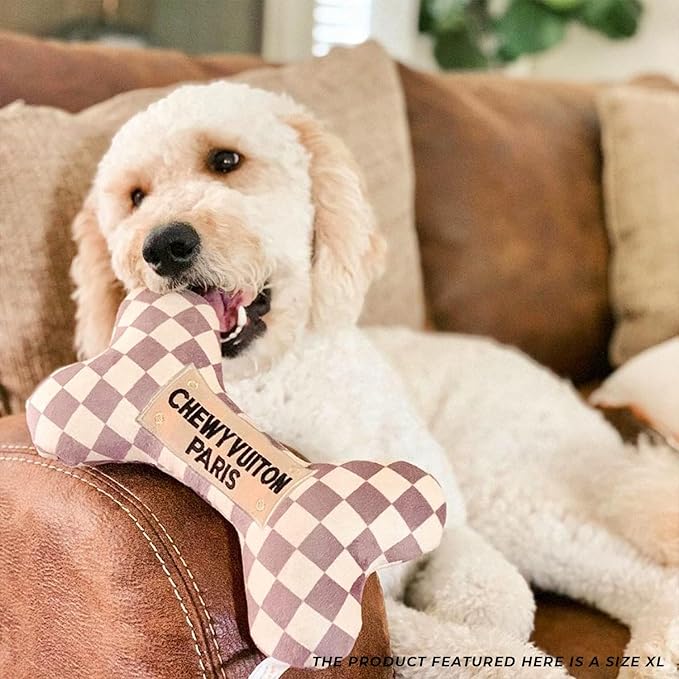 Haute Diggity Dog Chewy Vuiton Bone Plush Squeaky Dog Toy, Soft Durable Designer-Inspired Stuffed Puppy Chew Toys for Small, Medium & Large Dogs, Machine-Washable (Tan Checker) XL