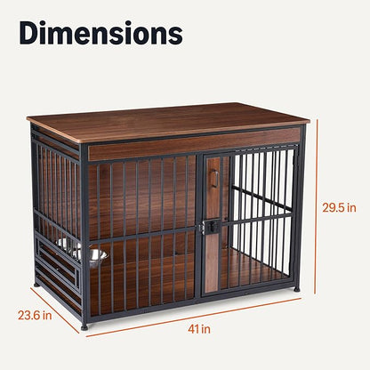 Amazon Basics Furniture Style Dog Crate, Two Bowls Included, 41" x 23.6" x 29.5", Walnut