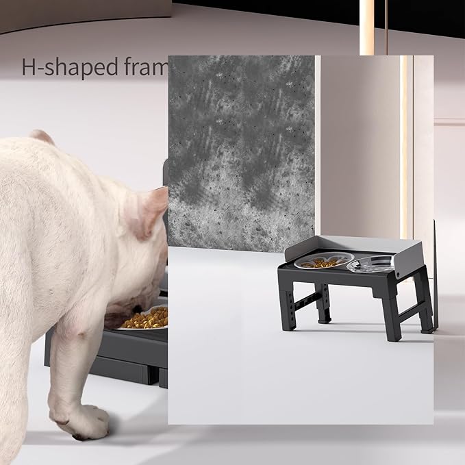 PAKEWAY Elevated Dog Bowls, Spill Proof, Tiltable Dog Feeder with 1 Slow Feeder Bowl &1 Stainless Steel Bowl, 6 Height Adjustable Raised Dog Bowls Stand for Medium Large Dogs