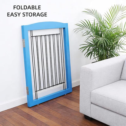 ZJSF Freestanding Dog Fence Indoor, Foldable Dog Gate for Doorways, Stairs or Hallways, Sturdy Wood Extra Wide Pet Gate with Support Feet for The House, Blue, 32 "Height-2 Panels