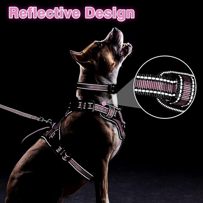 WINSEE Pet Harness Collar and Leash Set, All-in-one Reflective Dog Harness No Pull with Adjustable Buckles for Puppies, Small, Medium, Large, and Extra-Large Dogs (Small, Pink)