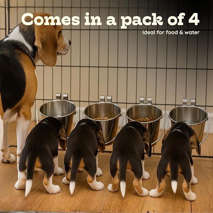 2 Quart Stainless Steel Flat Sided Bucket with Dual Hooks | 4 Pcs Durable Food & Water Bowl for Dog Cats Bird & Small Animals | Fits kennel Cage Crates Hanging Pet Pail | Multipurpose use