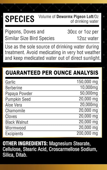Farmalab Natural Dewormer No Withdraw Hens, Ducks, Roosters, Turkeys, Goose, Parakeets, Cockatiels, Lovebirds, Finches, Quakers, Pigeons, Palomas, Buchones, All Baby Chicks (8oz, Pigeon Loft)