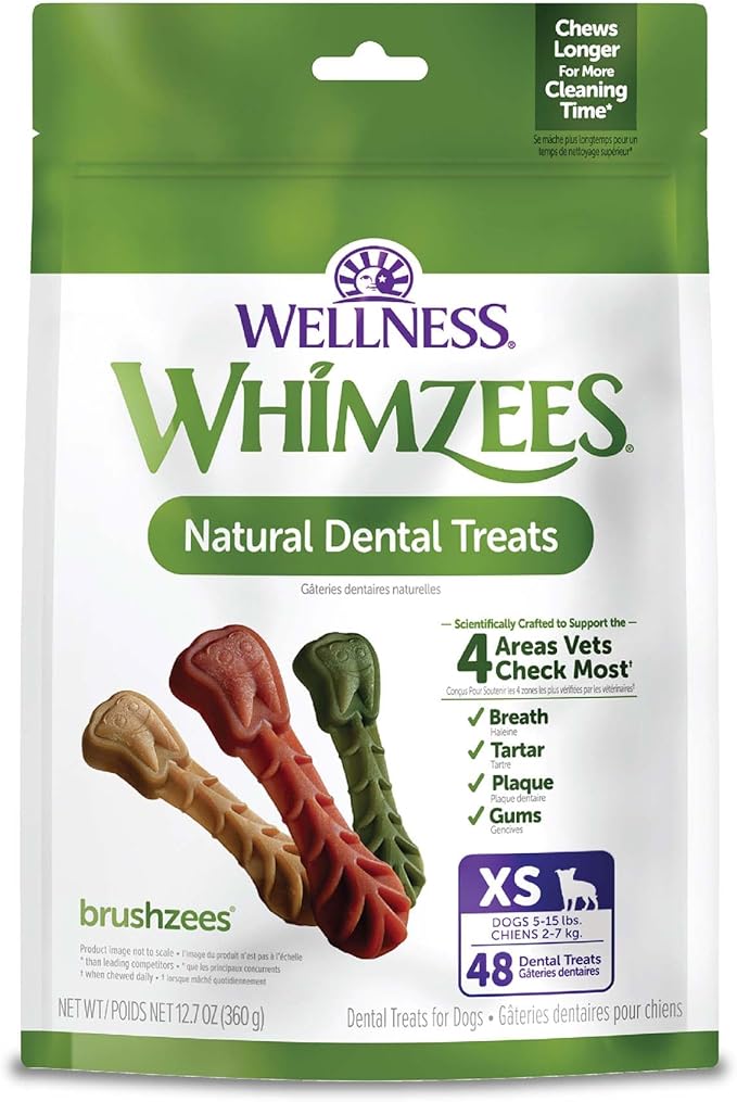 Whimzees Wellness Brushzees Dog Dental Treat, VOHC Accepted Chews, Freshens Breath, Extra-Small Size, 12.7 oz Bag, 48 Count