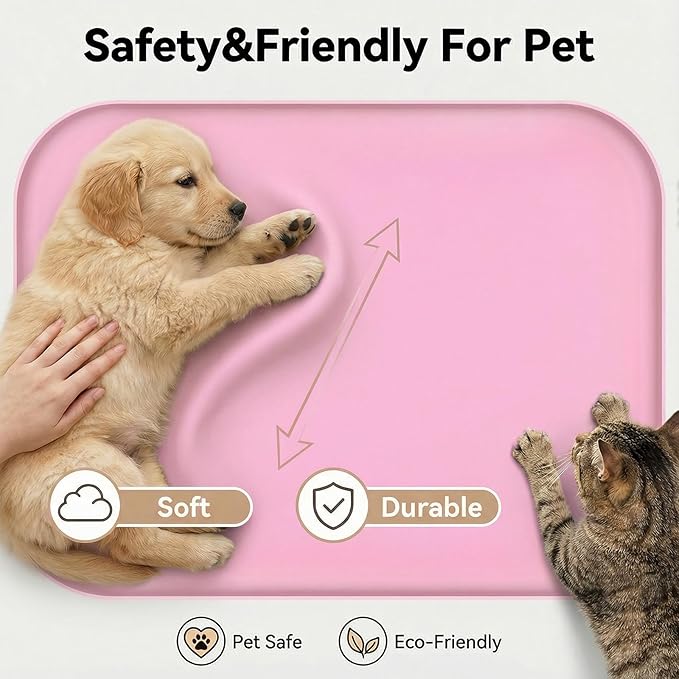 BLESWIN Waterproof Silicone Pet Feeding Mat Pink with Raised Edge,24" x 16"Non-Skid Spill Proof Dog Bowl Mats, Easy Clean Cat Bowls Placemat for Cats and Dogs