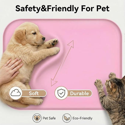 BLESWIN Waterproof Silicone Pet Feeding Mat Pink with Raised Edge,24" x 16"Non-Skid Spill Proof Dog Bowl Mats, Easy Clean Cat Bowls Placemat for Cats and Dogs