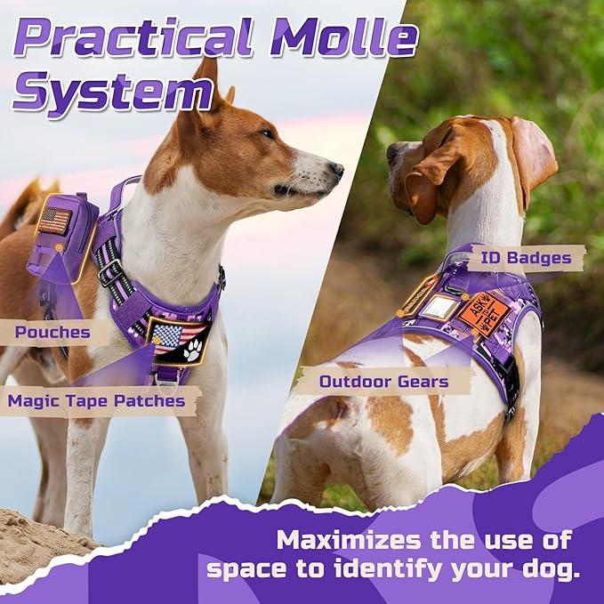 rabbitgoo Tactical Dog Harness for Large Dogs, No Pull Military Service Vest with Handle & Molle, Easy Control for Training Walking, Adjustable Reflective Straps, Purple Camo, L