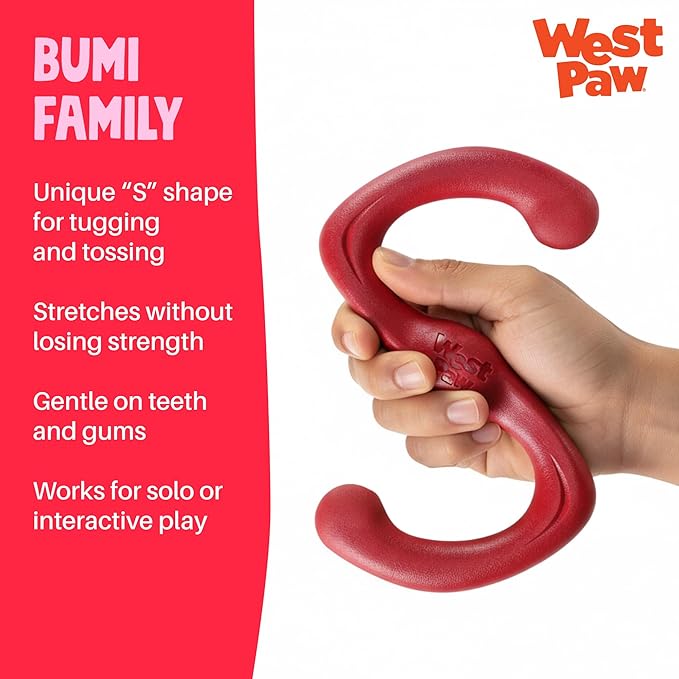 WEST PAW Zogoflex Bumi Dog Tug Toy – S-Shaped, Lightweight Chew Toys for Fetch, Play, Pet Exercise – Tug of War Soft Flinging Squishy Chewy Toy for Dogs – Guaranteed, Latex-Free, Small 8", Ruby