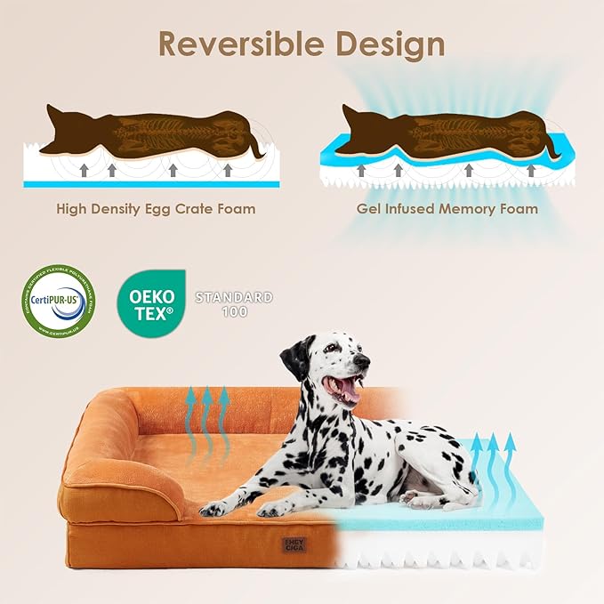 EHEYCIGA Orthopedic Dog Beds for Large Dogs, Waterproof Memory Foam Large Dog Bed with Sides, Non-Slip Bottom and Egg-Crate Foam Pet Couch Bed with Washable Removable Cover,Pumpkin Orange