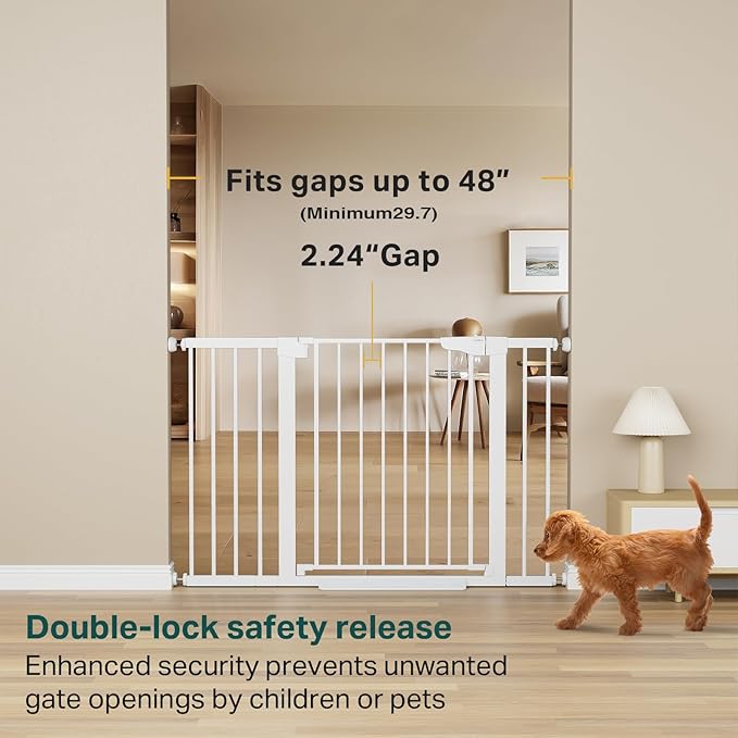 Cumbor 2-Pack Baby & Dog Gates Bundle, 29.7-48" & 30-54" Extra Wide Safety Gates for Stairs Doorways Hallways, Dual Lock Auto Close Easy Install Pet Gate, White