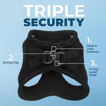 Best Pet Supplies - All Weather Plush, Reflective, No Pull Harness for Small, Medium Dogs, Cats - Secure with Hook & Loop Fastener, Buckle, Double D-Rings - Black Plush, XL