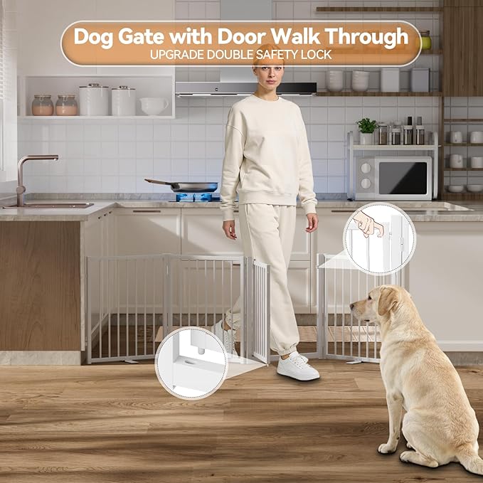 SNUOWU Full Metal Freestanding Dog Gate with Door, 24'' Height Foldable Pet Dog Fence for Indoor & Outdoor, 4 Panels Extra Wide Free Standing SmallDog Gates for Doorways,House,Stairs,Porch,Deck,Yard