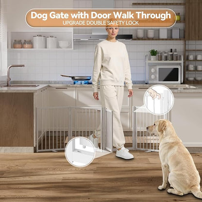 SNUOWU Full Metal Freestanding Dog Gate with Door, 24'' Height Foldable Pet Dog Fence for Indoor & Outdoor, 4 Panels Extra Wide Free Standing SmallDog Gates for Doorways,House,Stairs,Porch,Deck,Yard
