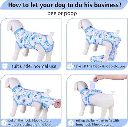 PetWarm Surgery Suit Male, Cone of Shame Alternative Bodysuit for Abdominal Affected Areas Sensitive Skin Areas, Soft Bodysuit for Small Medium Large Dogs, Marine Animal Patterns, Blue, 2XL