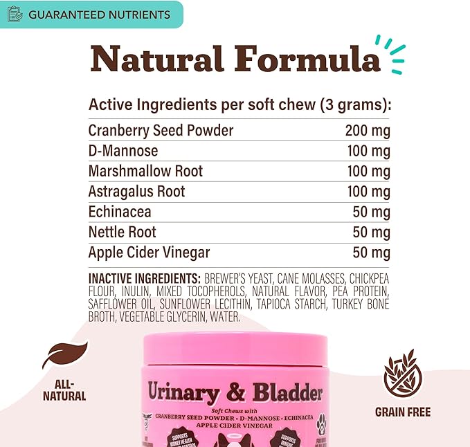 Natural Dog Company Urinary & Bladder Supplement for Dogs – Cranberry & D-Mannose, Marshmallow Root & Astragalus Soft Chews, Supports Urinary Tract Health, Bladder Function & Normal Urine Flow, 90 Ct