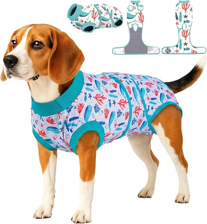 PetWarm Surgery Shirts for Dogs, Recovery Suit for Dogs After Surgery, Recovery Shirt for Dog Abdominal Wounds Bandages Cone E-Collar Alternative, Underwater World Pattern, Blue, L