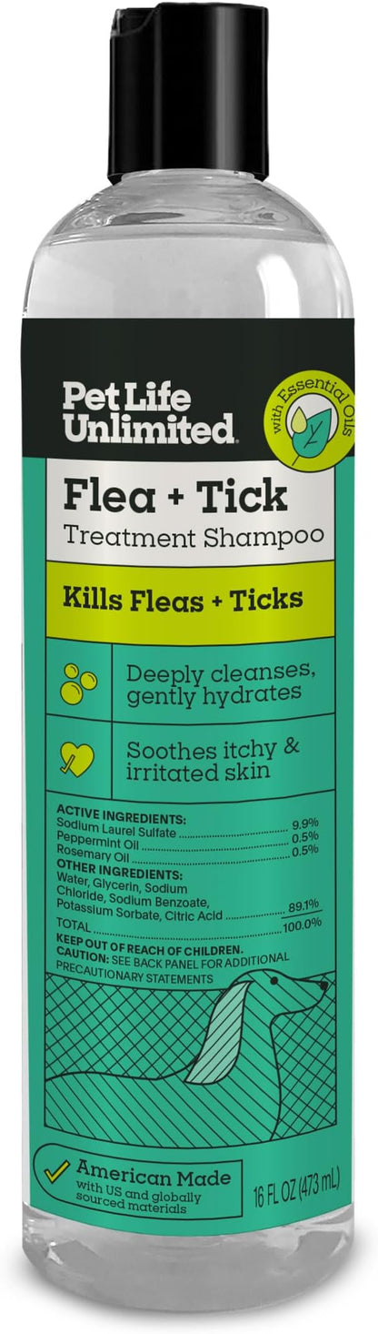 Pet Life Unlimited Natural Flea & Tick Gel Shampoo for Dogs, 16 oz, Plant-Based Prevention & Treatment for Fleas, Ticks & Eggs, Soothes Itchy Skin, Cleans & Conditions Coat