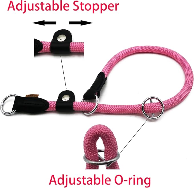 Braided Round Martingale Dog Collar, Training Collar with Slidable Stop Ring and Adjustable Stopper - Ideal for Medium Dogs (M(1/3") - 18" Long, Pink)
