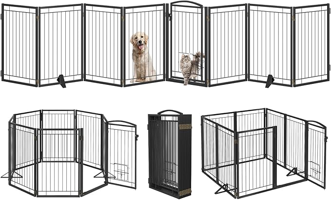 Metal Free Standing Dog Gate with Cat Door for Indoor/Outdoor,160" Extra Wide Foldable Pet Gate,32" Tall Foldable Indoor Dog Fence for Large Openings Stairs,Deck,Yard,Doorways(8 Panels,Black)