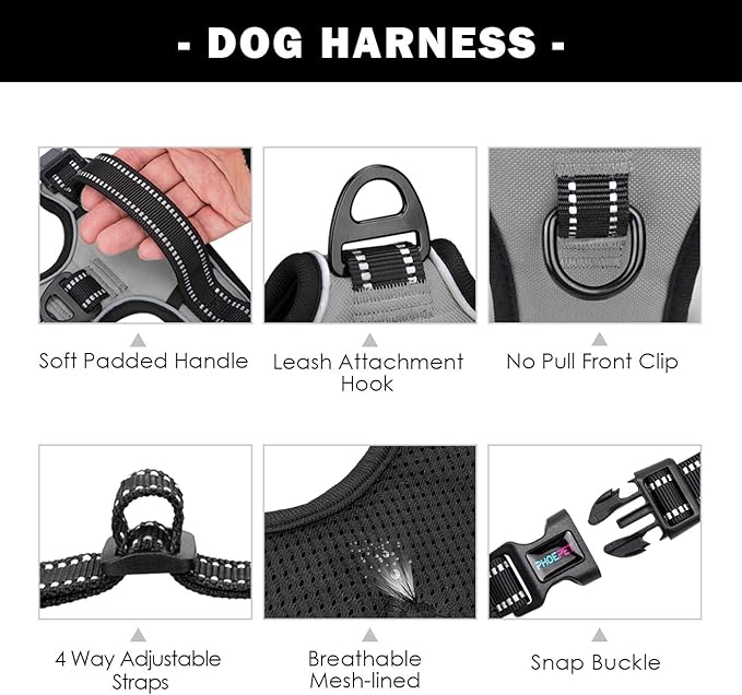 PHOEPET No Pull Dog Harness Medium Reflective Front Clip Vest with Handle,Adjustable 2 Metal Rings 3 Buckles,[Easy to Put on & Take Off](XL, Grey)