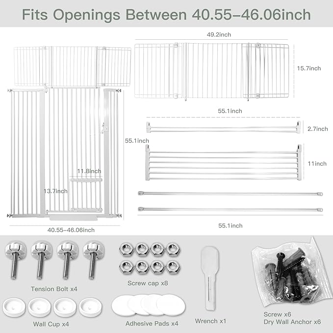 SHYUJAJIE 71 Inch Extra Tall Pet Gate with Small Cat Door, 29.55"-46.06" Adjustable Wide Dog Gate, Tall Cats Gates for Doorway, Stairs, House(White)