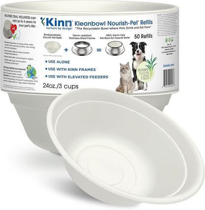 Kinn Kleanbowl Disposable Dog Food Bowls, 24 oz (Pack of 50) - Frame System Refills, Use for Travel, Boarding, or Crate, Compostable Pet Travel Bowl, No Plastic, Leakproof, Portable Dog Dish