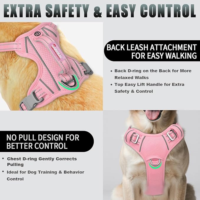 BARKBAY No Pull Dog Harness Large Reflective Dog Harness with Front Clip and Easy Control Handle for Walking Training Running with ID tag Pocket(Baby Pink,M)
