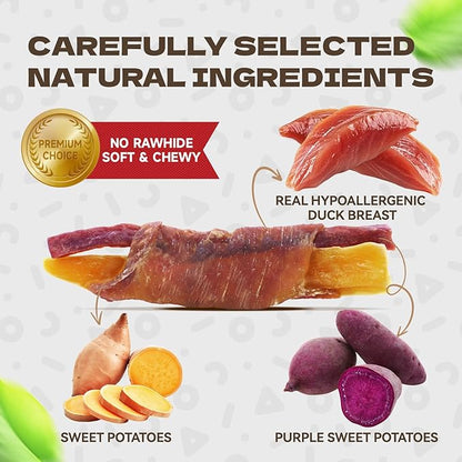 Dog Treats Duck Wrapped Double Sweet Potato, High Protein Duck Jerky Training Treats Low Fat Dog Snacks Soft Healthy Chews for Small Medium Large Breed 10.54oz