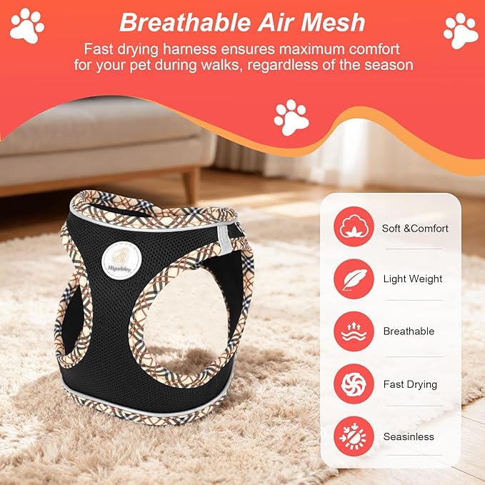Hipubby Dog Harness Small Sized and Leash Set, No Pull Soft Mesh Puppy Vest, Reflective Breathable Lightweight Pet Harness, Harness for Small Medium Dogs and Cats - Black/Khaki Trim, S