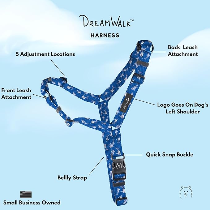 ShawnCo Dream Walk No-Pull Dog Harness- Adjustable, Comfortable, Easy to Use Pet Halter to Help Stop Pulling for Small, Medium and Large Dogs- Art Pattern Designs (White Sharks, M)