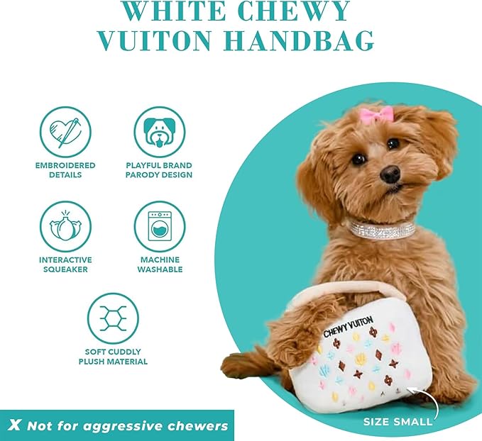 Haute Diggity Dog Chewy Vuiton Handbag Plush Squeaky Dog Toy, Soft Durable Designer-Inspired Stuffed Puppy Chew Toys for Small & Medium Dogs, Machine-Washable (White) Large