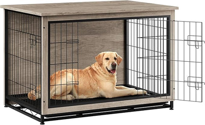 Vongrasig Dog Crate Furniture, Side End Table, Modern Wooden Kennel for Dogs Indoor, Heavy-Duty Dog Cage with Multi-Purpose Removable Tray, Double-Door Dog House, Grey