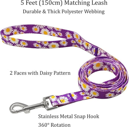 Dog Collar and Leash Set, Cute Daisy Pattern, Polyester Material, 5ft Leash, for Puppy Dogs.(Extra Small,Purple Daisy)