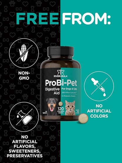 Horbaach Probiotics for Dogs and Cats | 120 Chewable Tablets | Digestive Health Supplement with 14 Strains | Savory Beef Flavor | by River & RULA