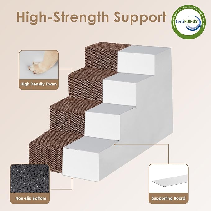 EHEYCIGA Dog Stairs for Bed 20" H, 4-Step Extra Wide Dog Steps for High Bed, Pet Steps for Small Dogs and Cats, Non-Slip Balanced Pet Ramp Indoor, Brown