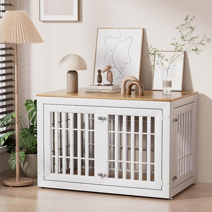 Snuowu 48" Heavy Duty Dog Crate Furniture for Small,Medium and Large Dogs,Rustic Wooden Dog Cage Kennel Indoor Furniture with Waterproof Top,Decorative Pet House Side End Table (White & Wood)