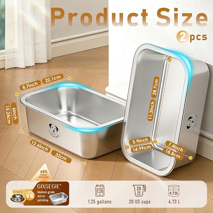 2 Pcs Stainless Steel Dog Bowls for Large Dogs, High Capacity Metal Dog Food Bowls, Food and Water Bowl for Large, X-Large, and Big Dogs 2.65 Gallons
