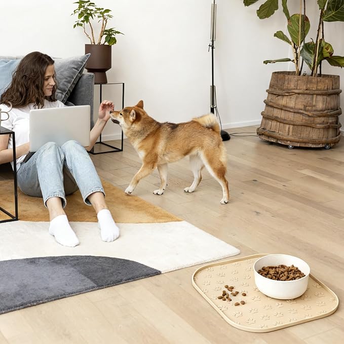 2 Pack Pet Feeding Mats, Waterproof Anti-Slip Placemats for Dog Cat Bowl Silicone Pet Food Mat, Raised Edge Prevent Spills on Floor & Carpet, Dishwasher Safe (2 Black, 11" x 11")