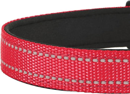 Reflective Dog Collar, Adjustable Soft Neoprene Padded Nylon Pet Collars with Buckle for Large Dogs, Red,L